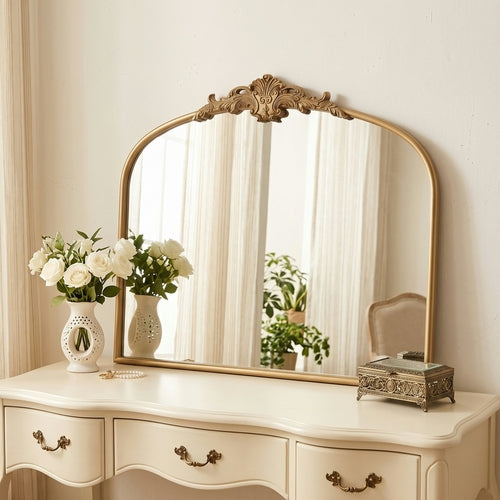 Wide French Baroque Arched Wall Mirror with Ornate Metal Frame for