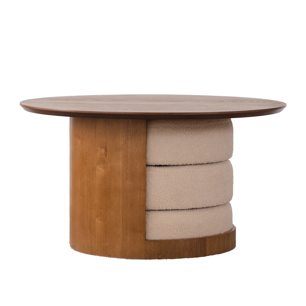 Round Walnut Coffee Table with Three Nesting Teddy Stools for Living