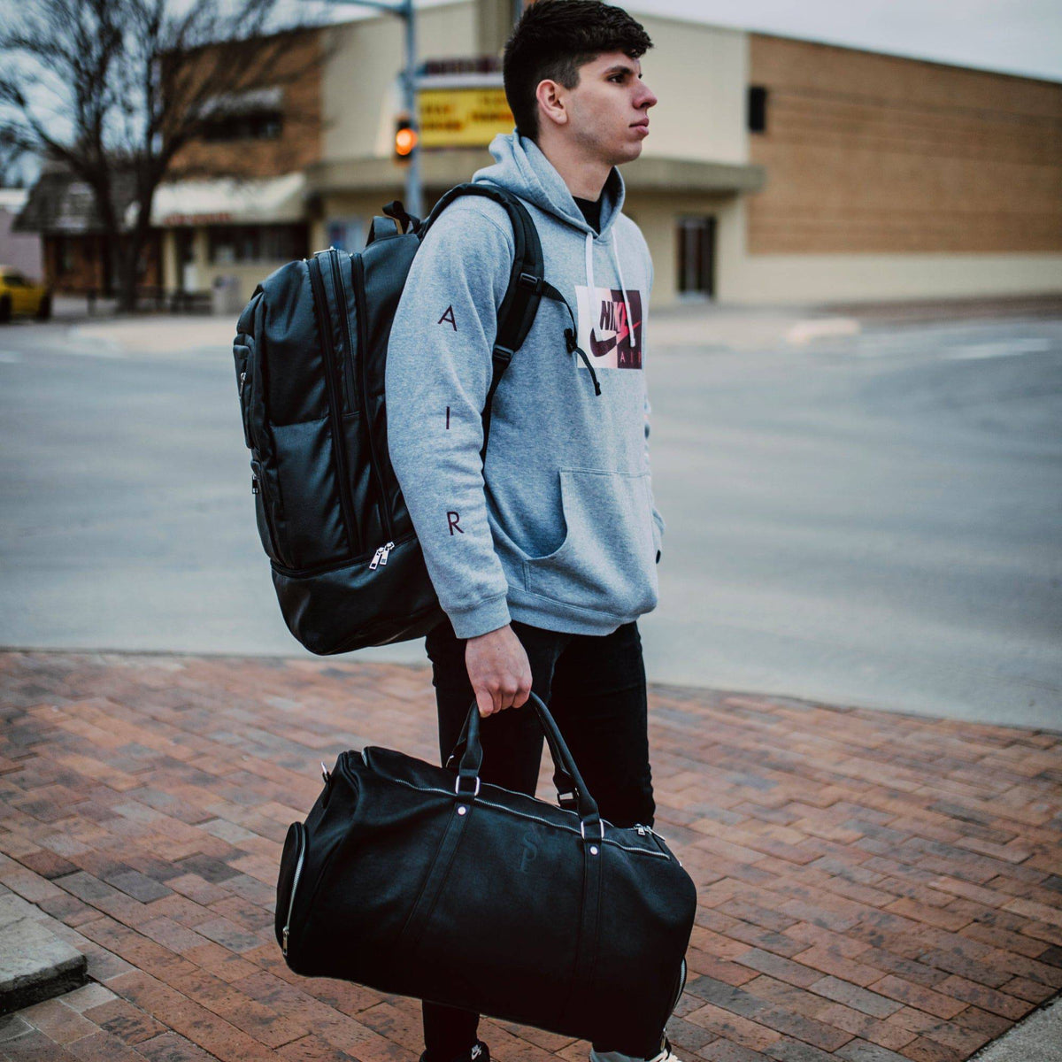 Black Leather Signature Bag Set (Signature Backpack and Duffle Bag)