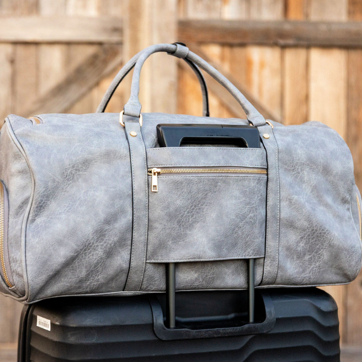 Grey Tumbled Leather Weekender Duffle Bag