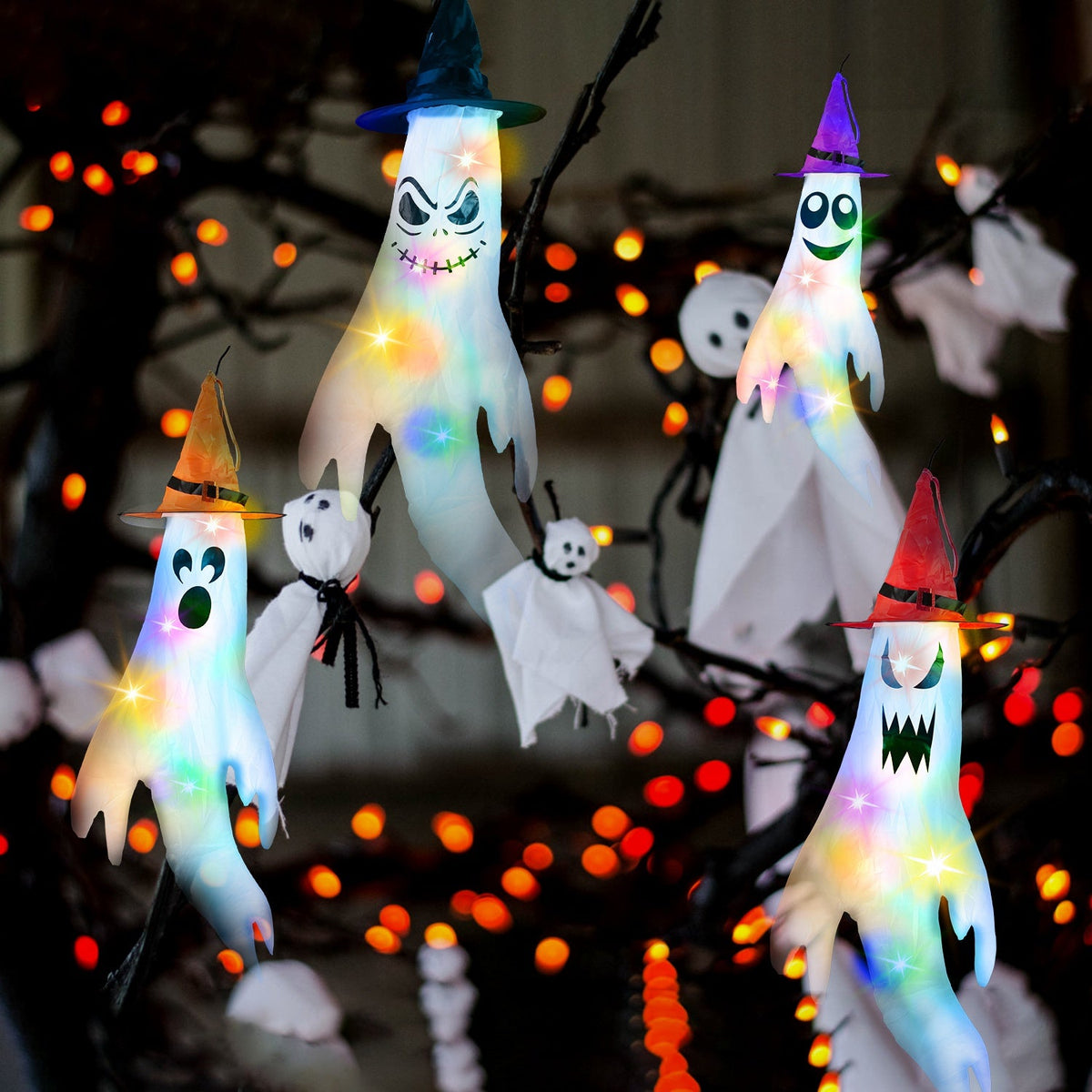 4Pcs Per Set Halloween Ghosts With Witch Hats Windsocks Hanging