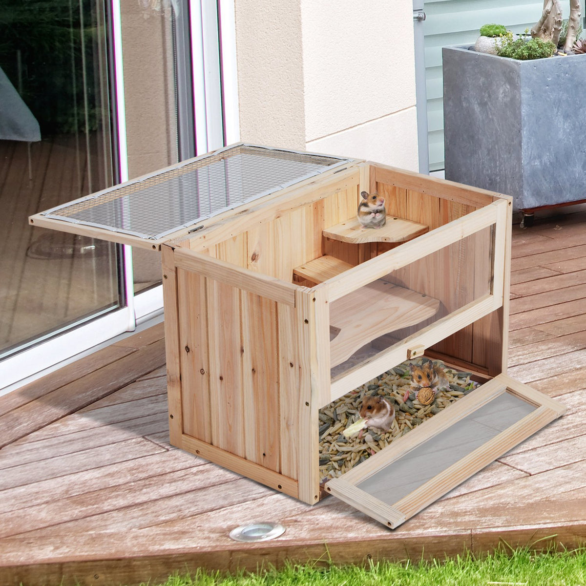 PawHut Wooden Hamster Cage 2 Levels Small Animals