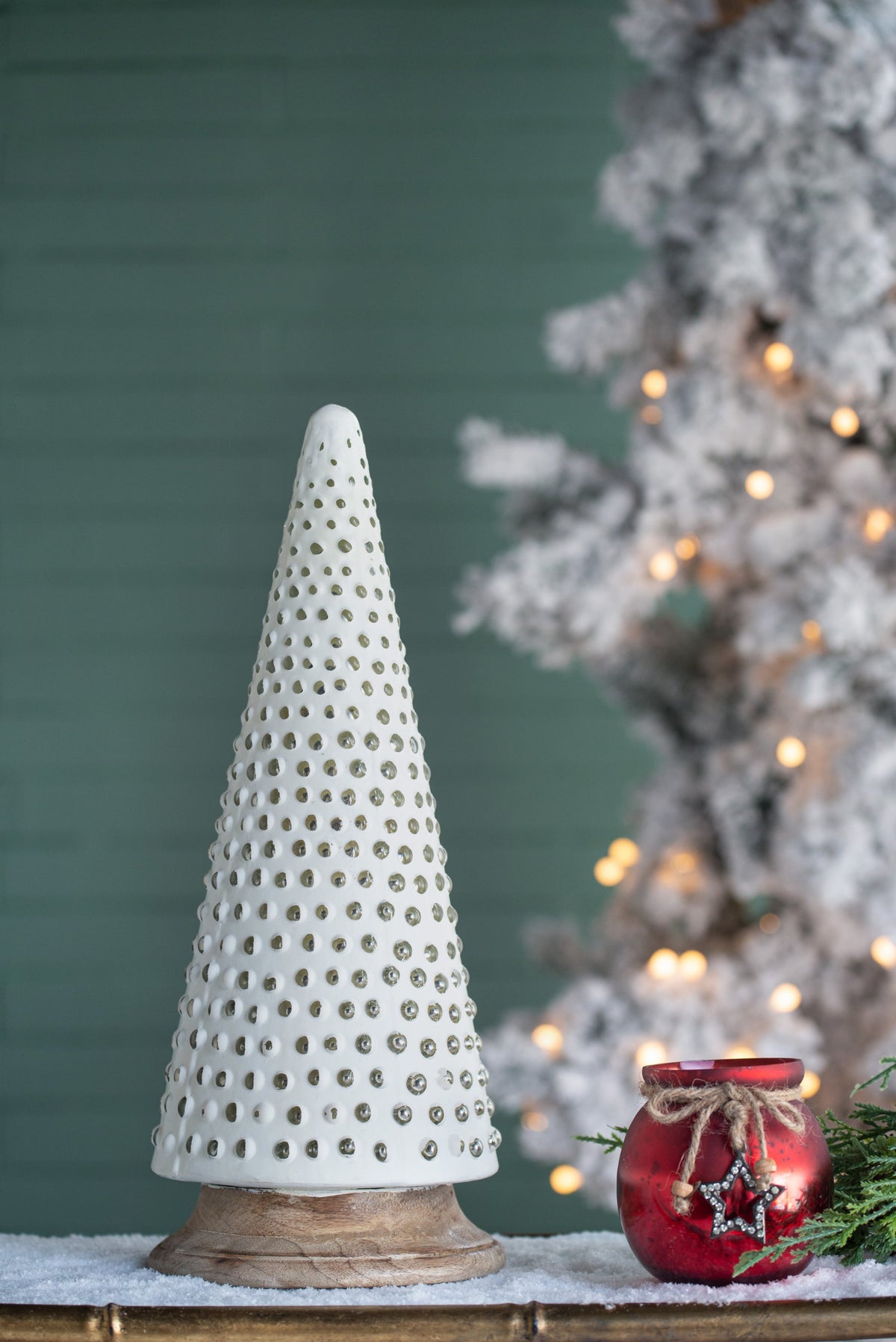 Cream Glass Christmas Cone Tree with Mango Wood Base for Holiday