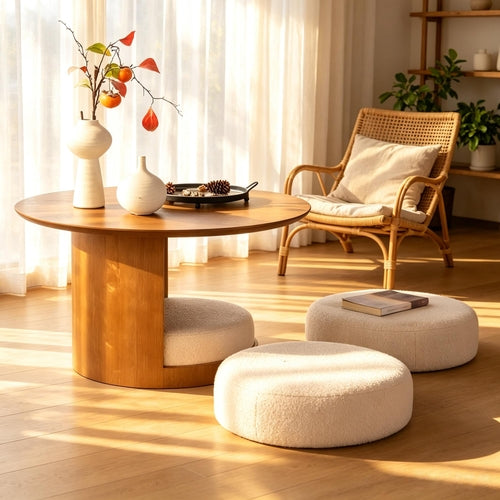 Round Walnut Coffee Table with Three Nesting Teddy Stools for Living