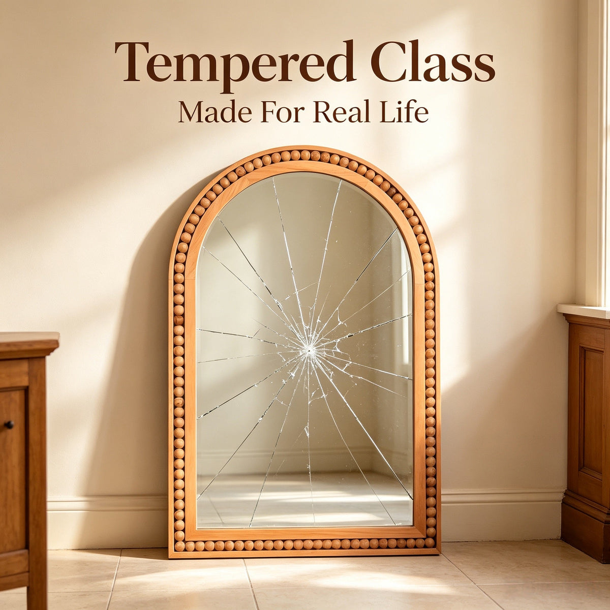 Large Arched Wood Wall Mirror with Beaded Frame for French Country