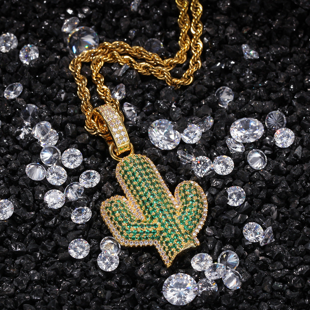 Hip-hop solid cactus zircon-encrusted pendant