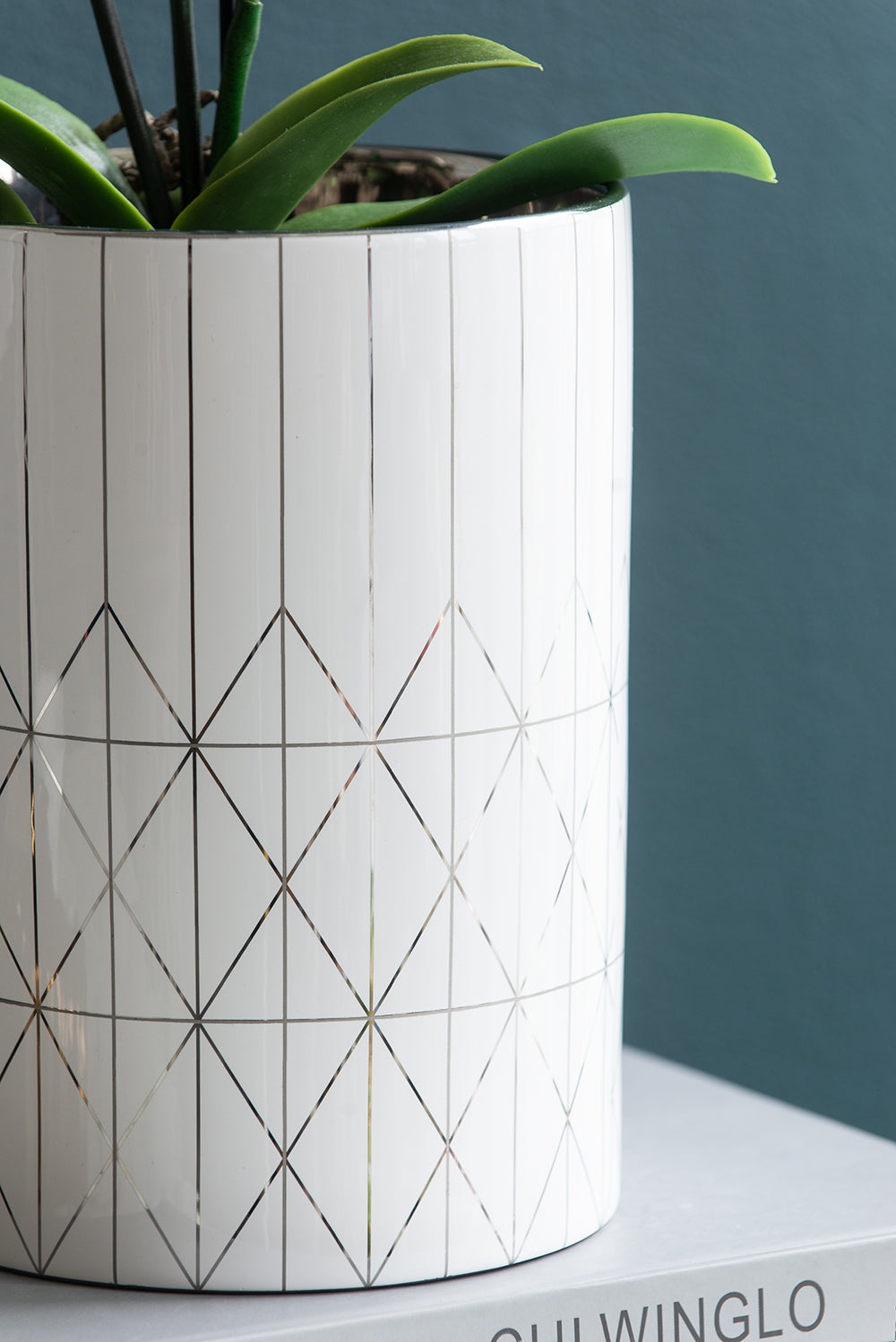 White & Silver Geometric Ceramic Planter, Available in 2 Sizes