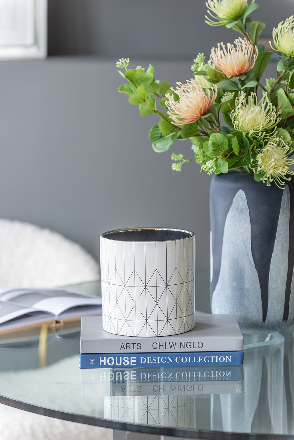 White & Silver Geometric Ceramic Planter, Available in 2 Sizes