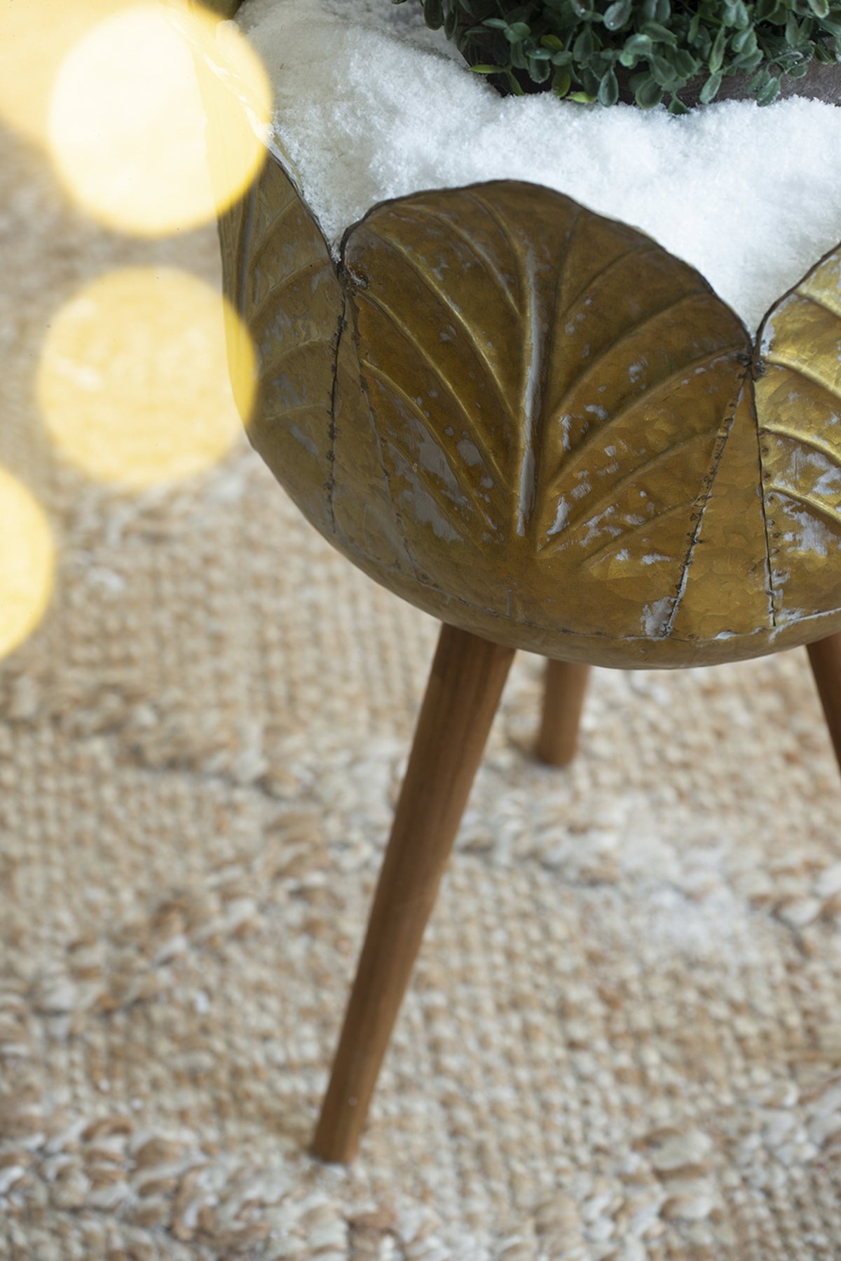 Set of 2 Distressed Metal Planters on Wood Legs, Antique Yellow