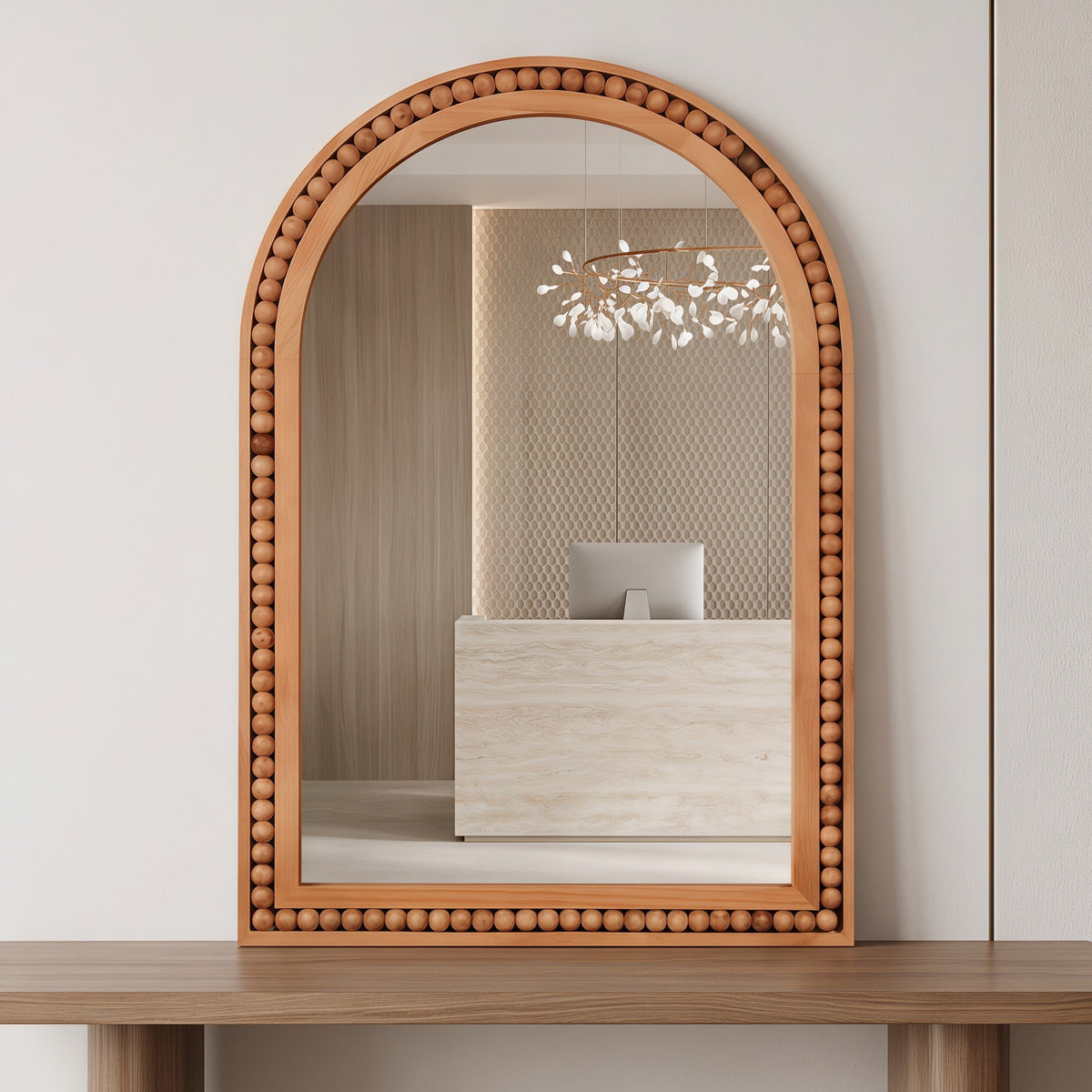Large Arched Wood Wall Mirror with Beaded Frame for French Country