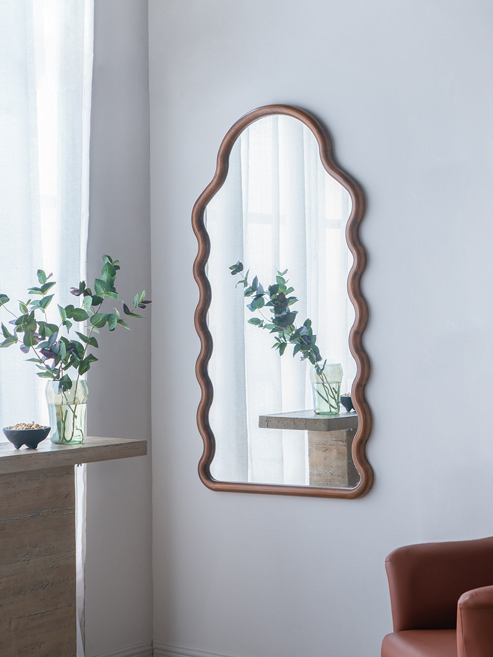 Arched Wood Frame Full-Length Mirror, Brown, 30 × 55 in