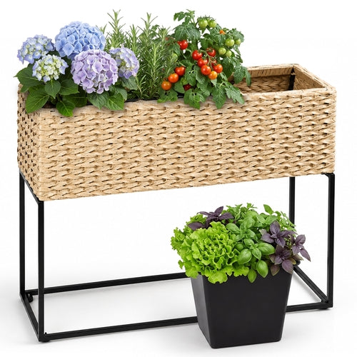 Raised Resin Wicker Planter with Steel Stand and Three Inserts for