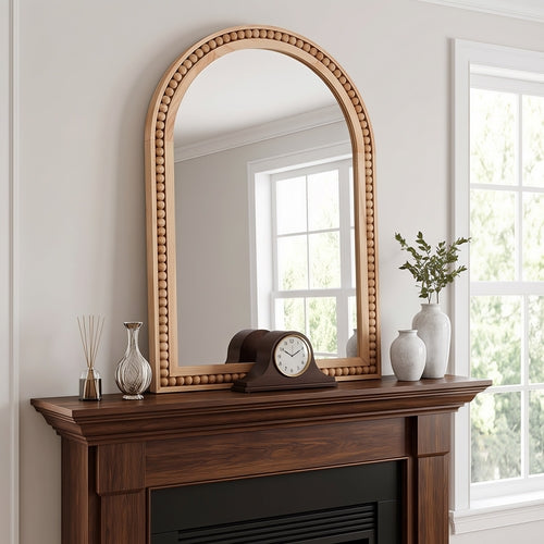 Large Arched Wood Wall Mirror with Beaded Frame for French Country