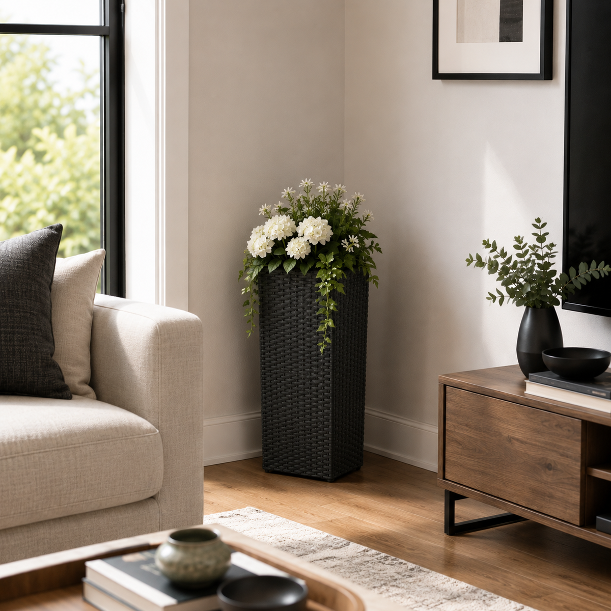 Tall Black Resin Wicker Planter with Tapered Shape and Removable