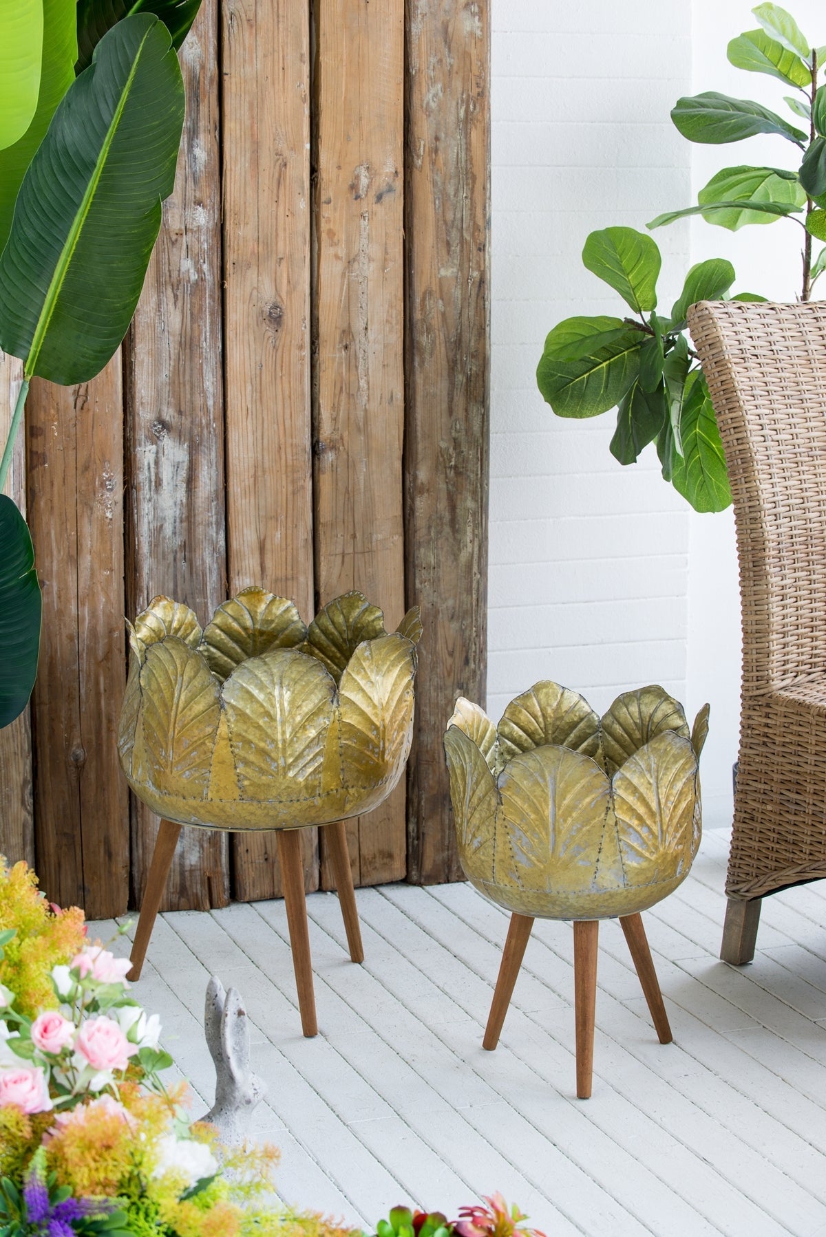 Set of 2 Distressed Metal Planters on Wood Legs, Antique Yellow