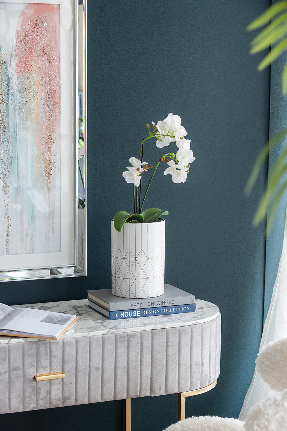 White & Silver Geometric Ceramic Planter, Available in 2 Sizes