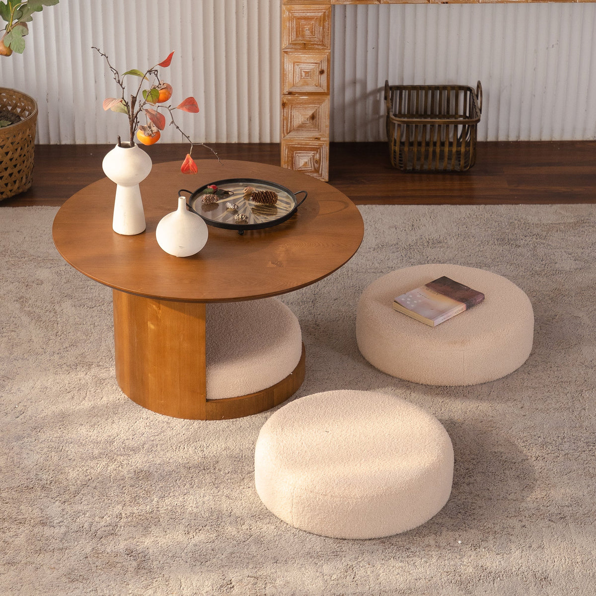 Round Walnut Coffee Table with Three Nesting Teddy Stools for Living
