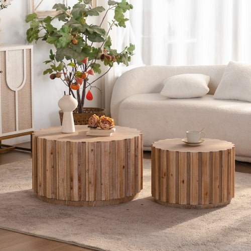 Round Nesting Coffee Tables with Slatted Bases and Wood Look Finish,