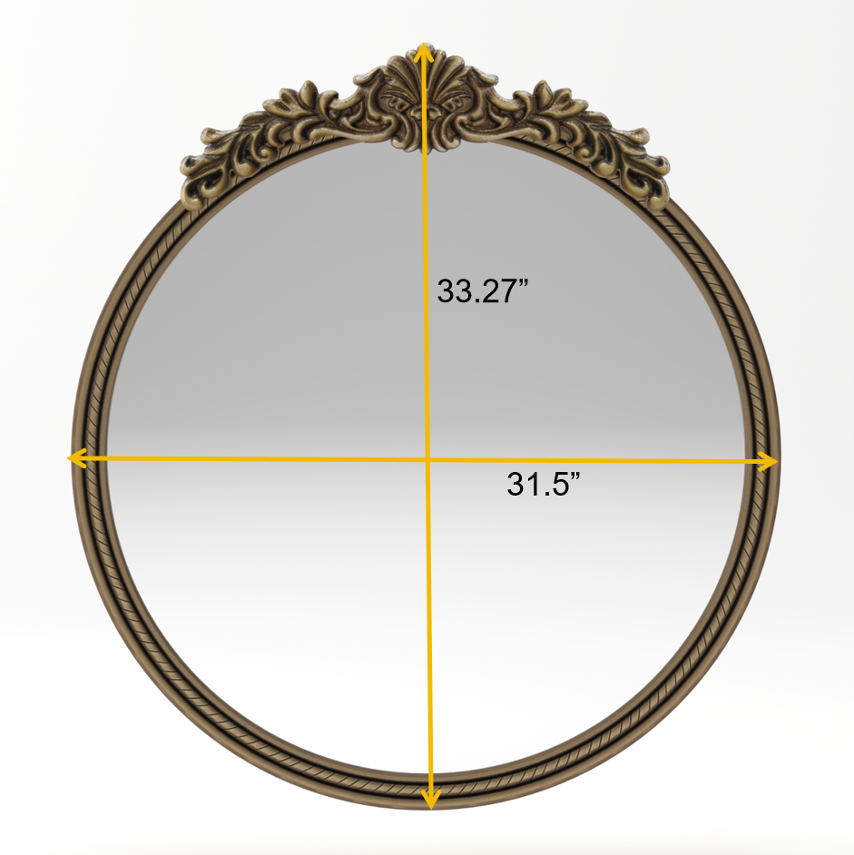 Round Wall Mirror – Ornate Wood Frame Antique Gold 33.27" x 31.5" for