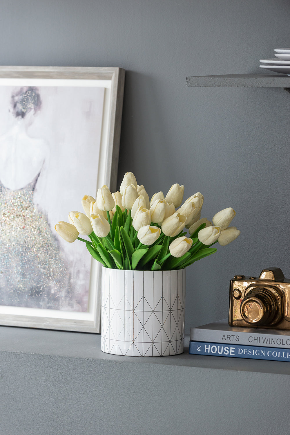 White & Silver Geometric Ceramic Planter, Available in 2 Sizes