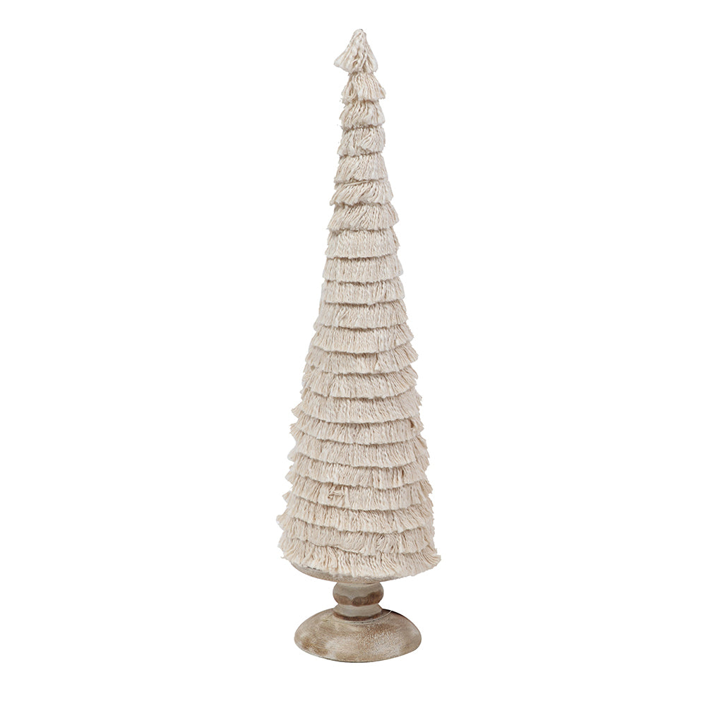 Small Cream Fringe Christmas Cone Tree with Wood Base for Seasonal