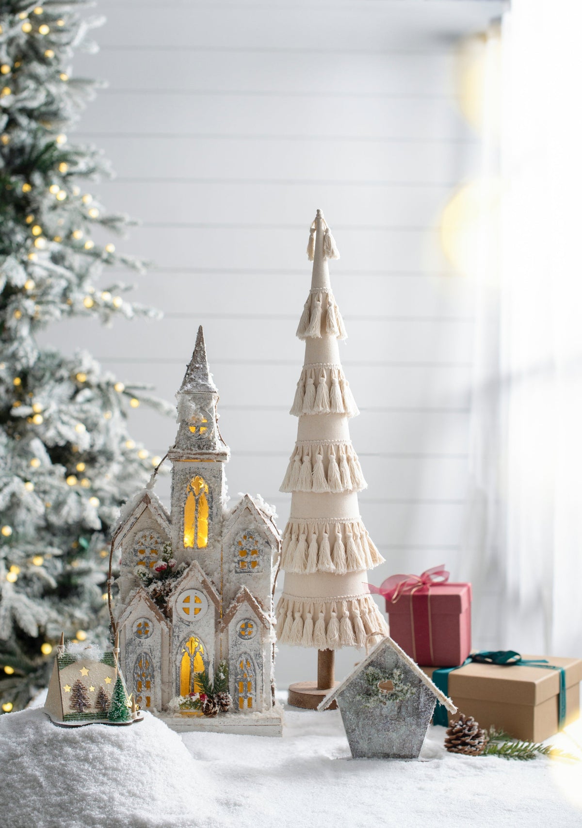 Cream Tassel Fringe Christmas Tree with Wood Base for Holiday Mantels