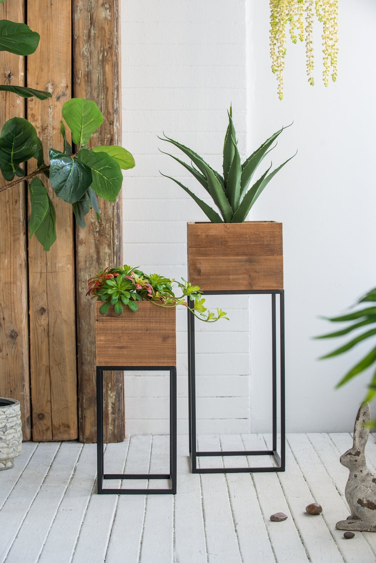 Set of 2 Reclaimed Wood Planters with Iron Stands