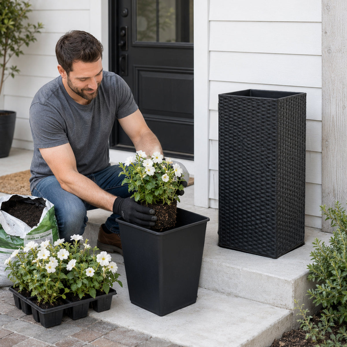 Tall Black Resin Wicker Planter with Tapered Shape and Removable