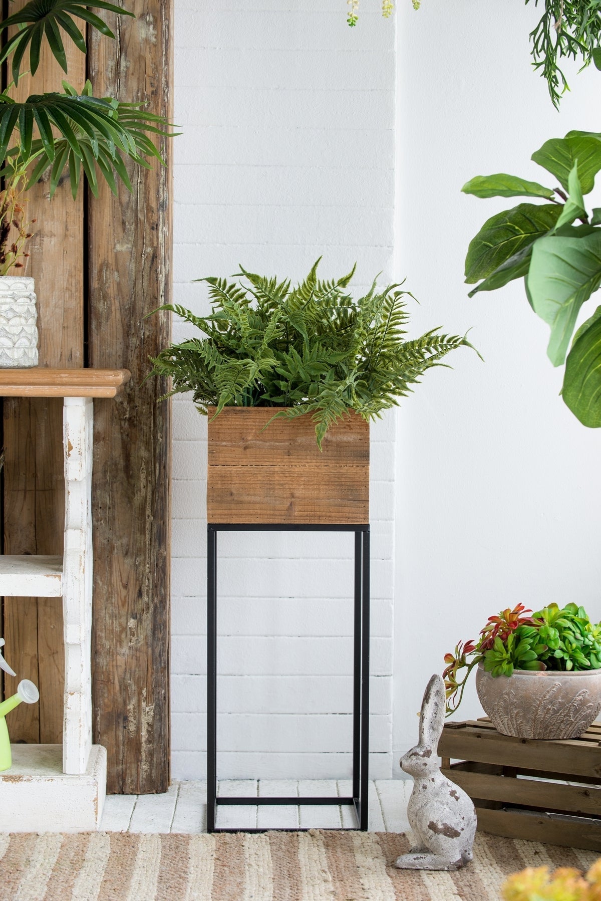 Set of 2 Reclaimed Wood Planters with Iron Stands