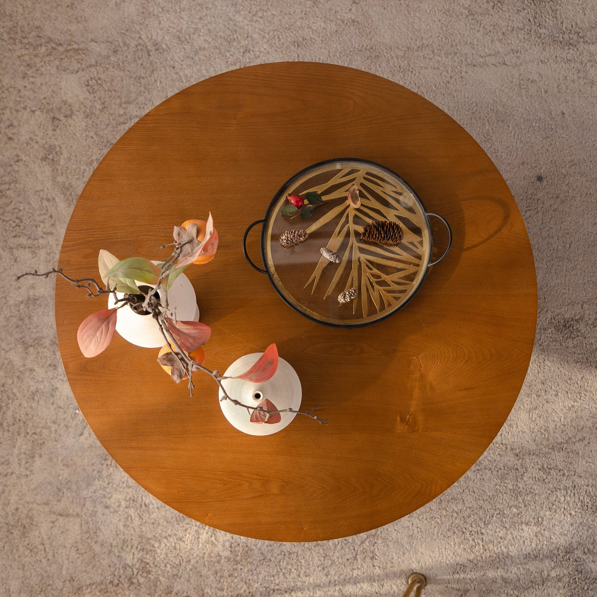 Round Walnut Coffee Table with Three Nesting Teddy Stools for Living