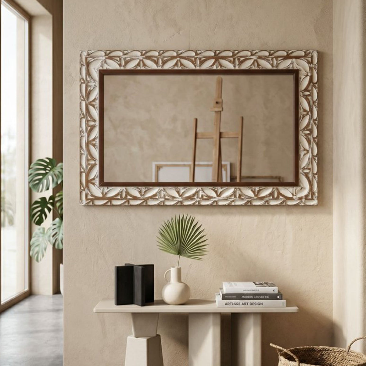 Carved Leaf Wall Mirror in Brown and White for Living Rooms and