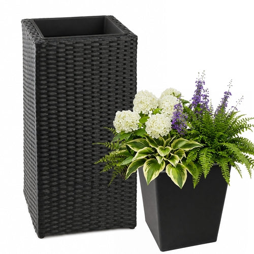 Tall Black Resin Wicker Planter with Tapered Shape and Removable