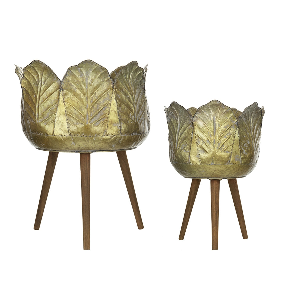 Set of 2 Distressed Metal Planters on Wood Legs, Antique Yellow