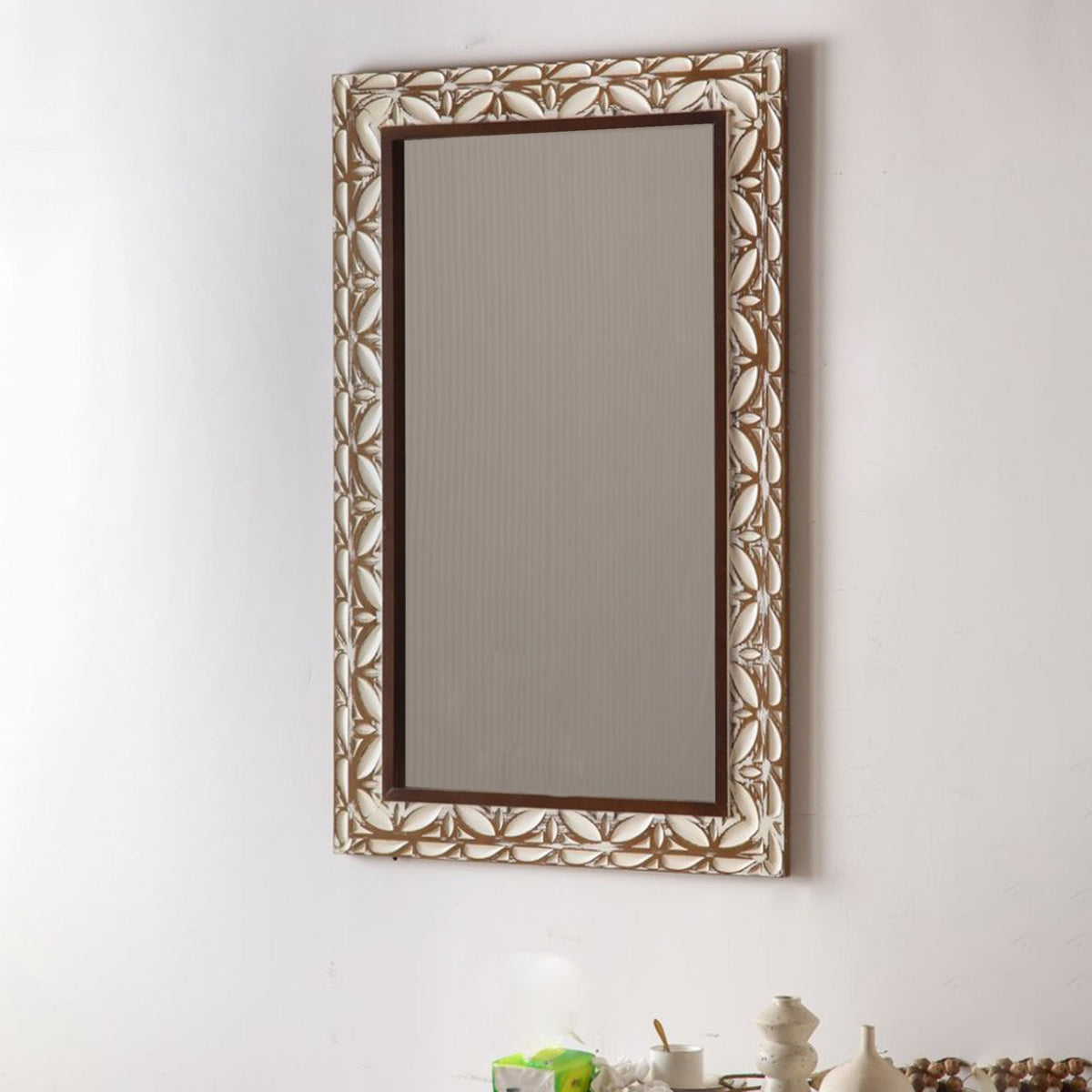 Carved Leaf Wall Mirror in Brown and White for Living Rooms and