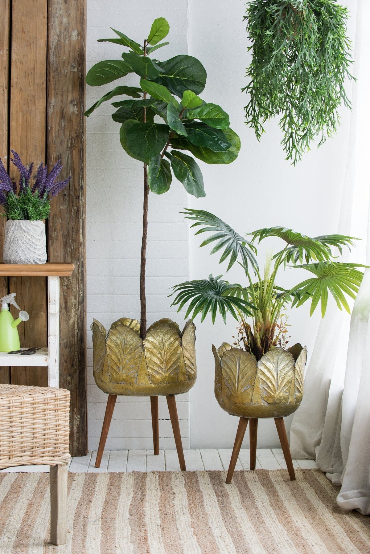 Set of 2 Distressed Metal Planters on Wood Legs, Antique Yellow