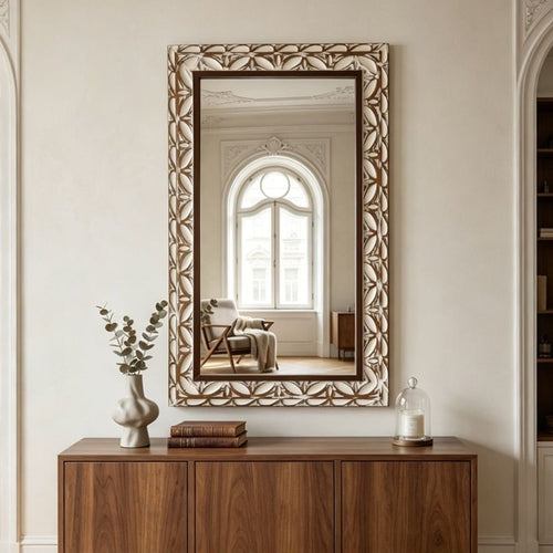 Carved Leaf Wall Mirror in Brown and White for Living Rooms and