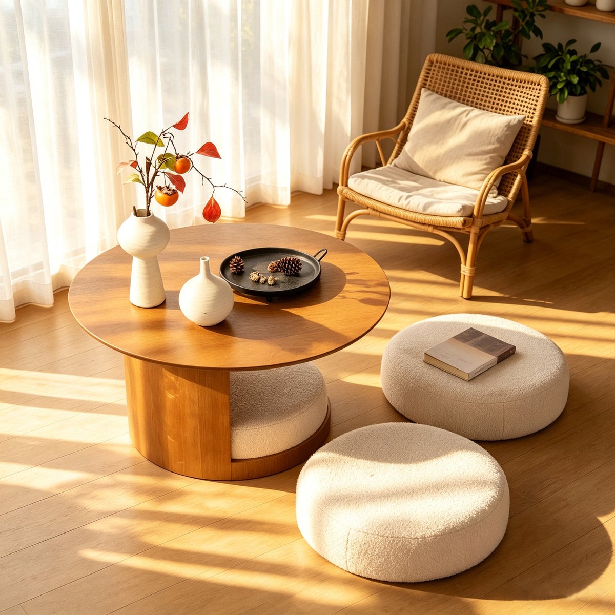 Round Walnut Coffee Table with Three Nesting Teddy Stools for Living