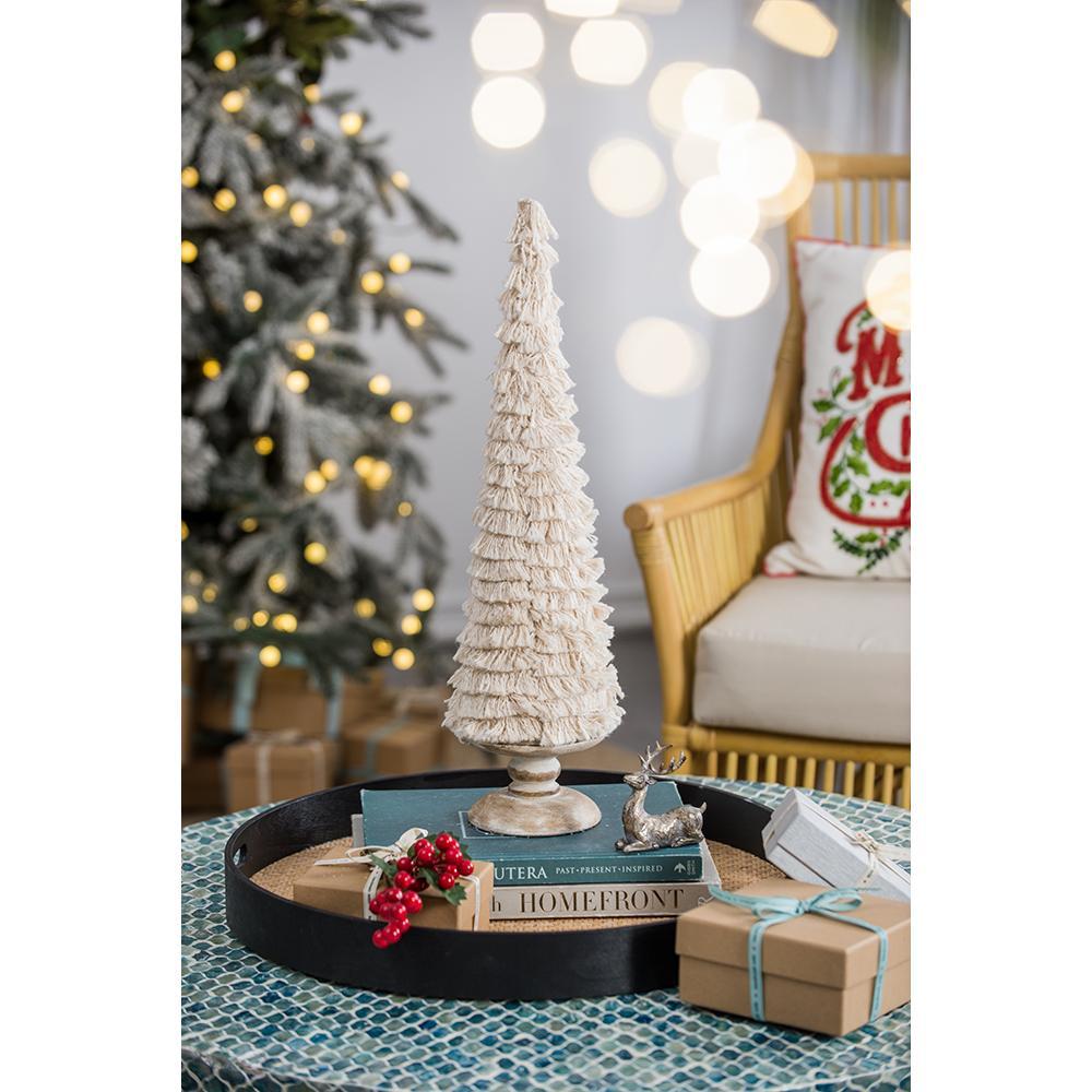 Small Cream Fringe Christmas Cone Tree with Wood Base for Seasonal