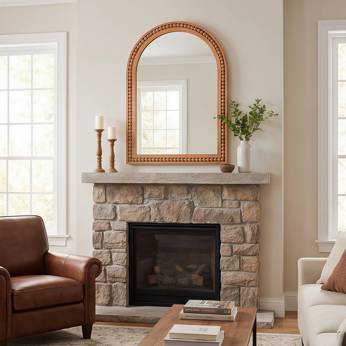 Large Arched Wood Wall Mirror with Beaded Frame for French Country