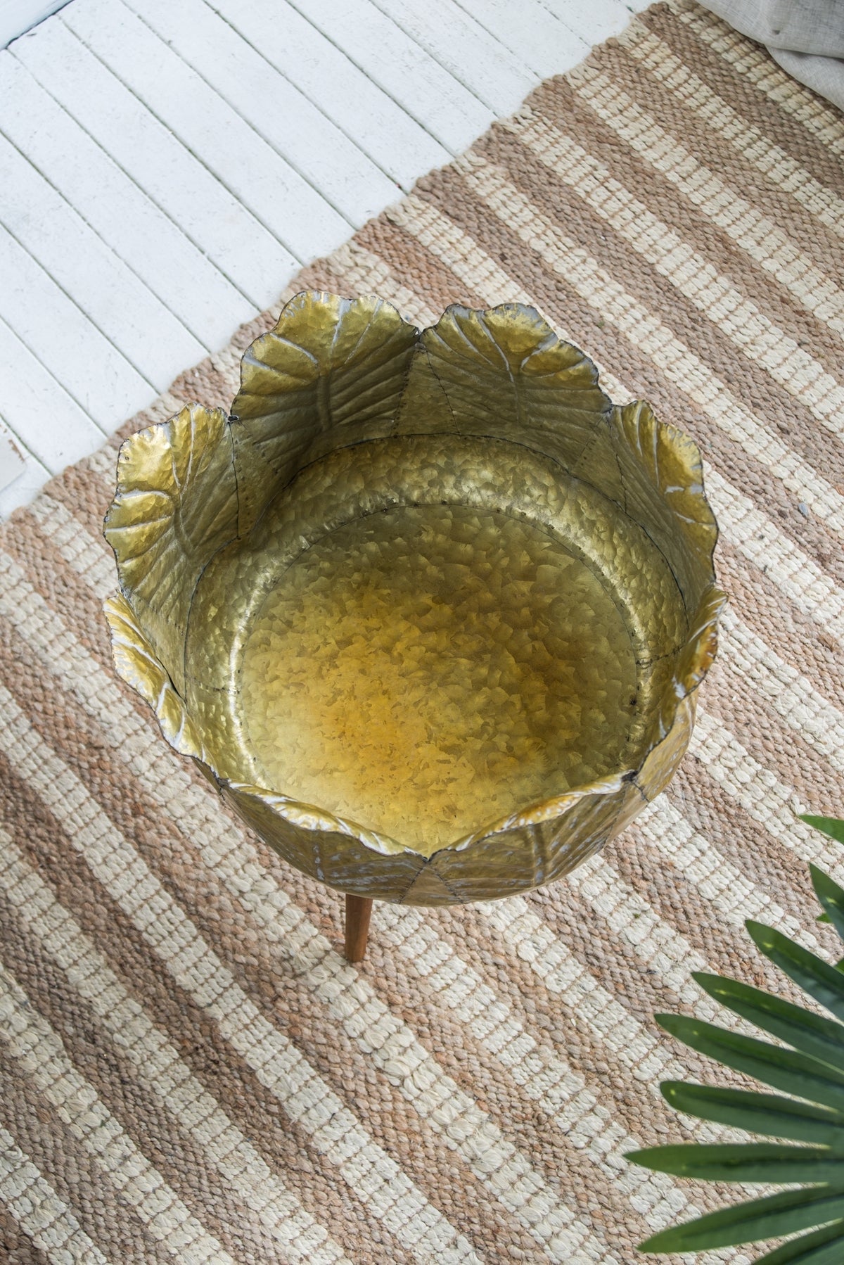 Set of 2 Distressed Metal Planters on Wood Legs, Antique Yellow
