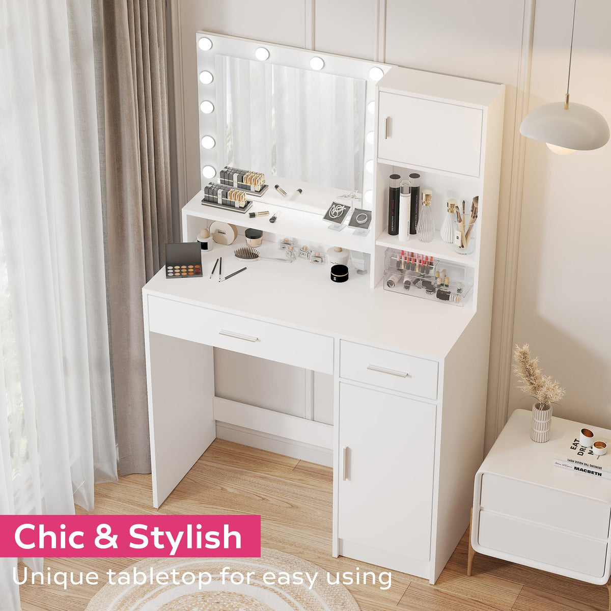 White Vanity Table with Dimmable Lighted Mirror, Storage Drawer and