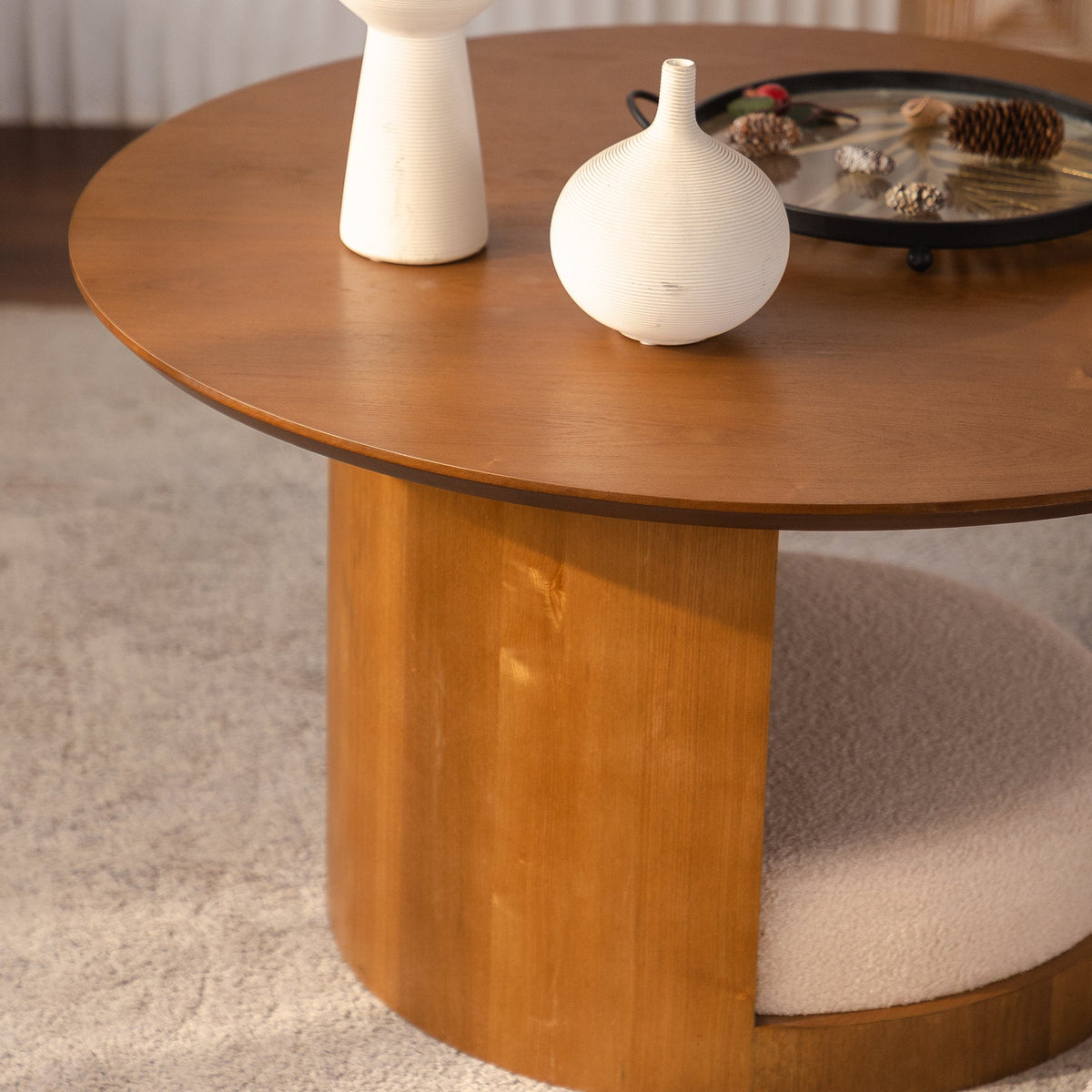 Round Walnut Coffee Table with Three Nesting Teddy Stools for Living