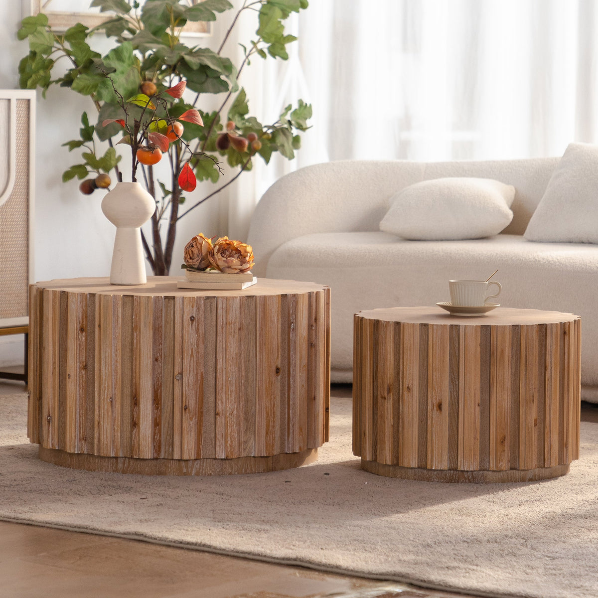 Round Nesting Coffee Tables with Slatted Bases and Wood Look Finish,