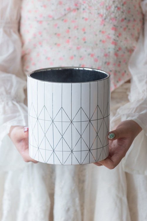 White & Silver Geometric Ceramic Planter, Available in 2 Sizes