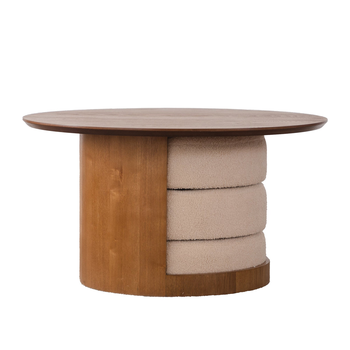 Round Walnut Coffee Table with Three Nesting Teddy Stools for Living