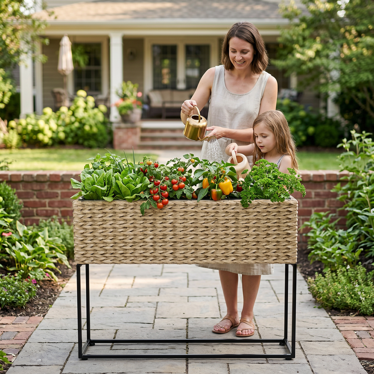 Raised Resin Wicker Planter with Steel Stand and Three Inserts for