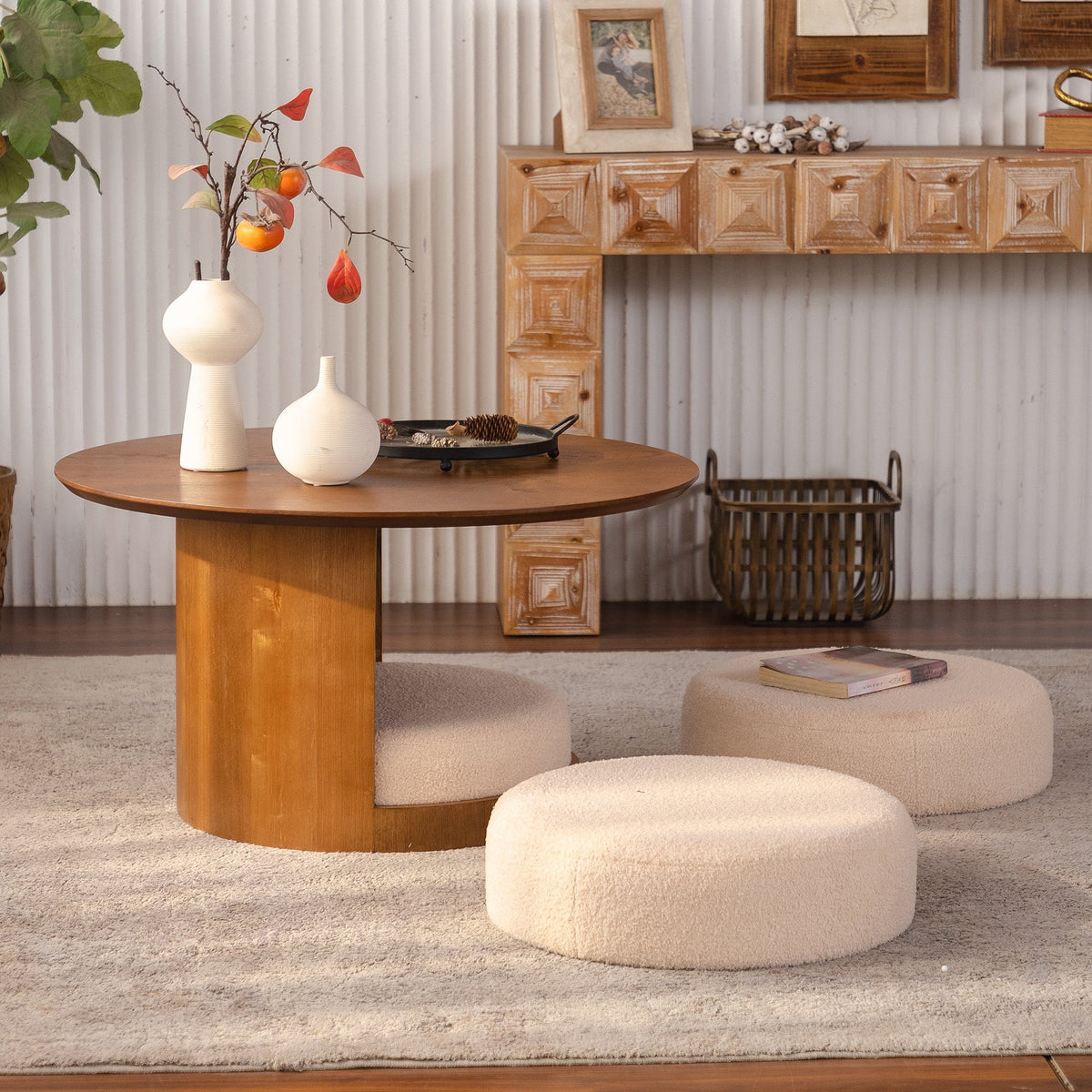 Round Walnut Coffee Table with Three Nesting Teddy Stools for Living