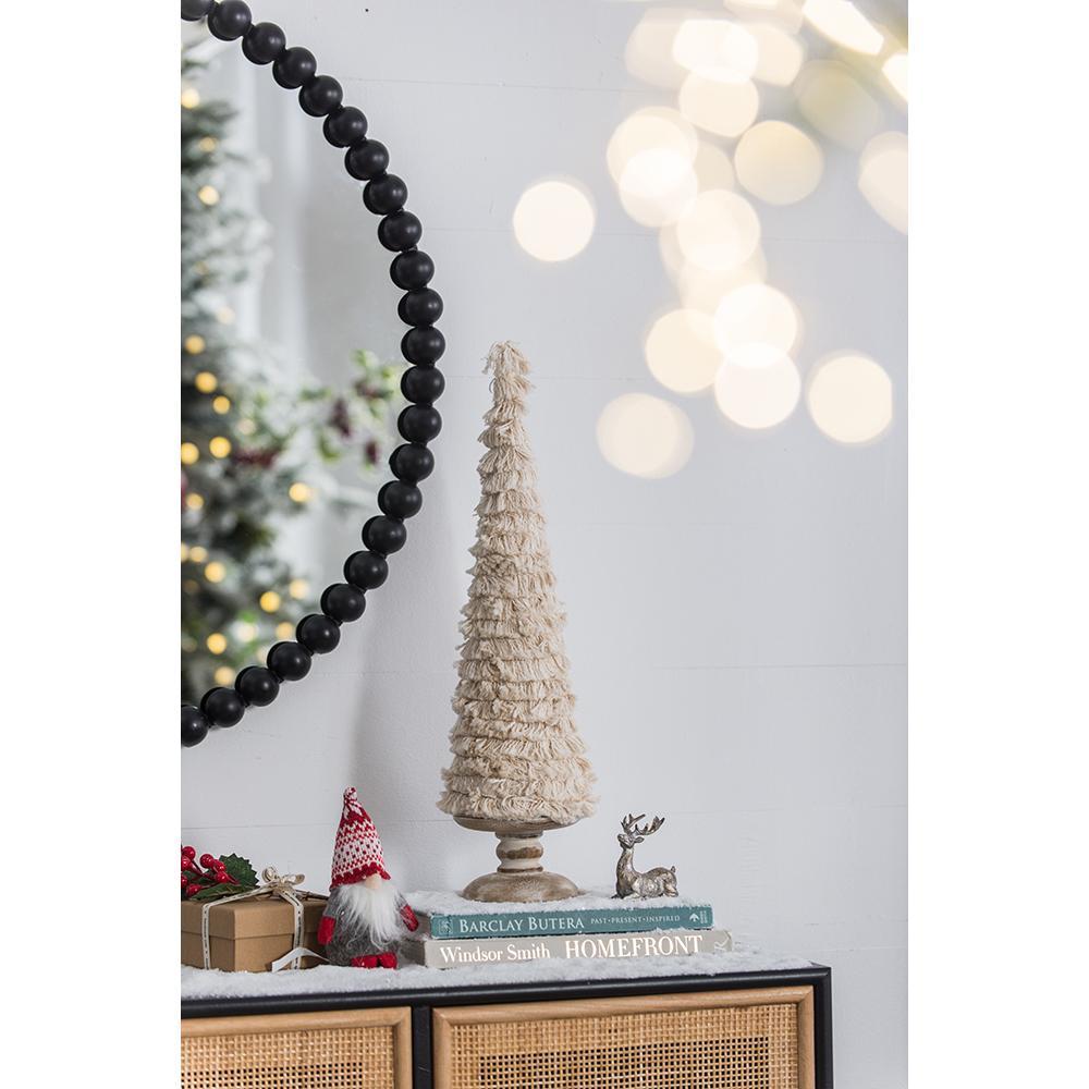 Small Cream Fringe Christmas Cone Tree with Wood Base for Seasonal