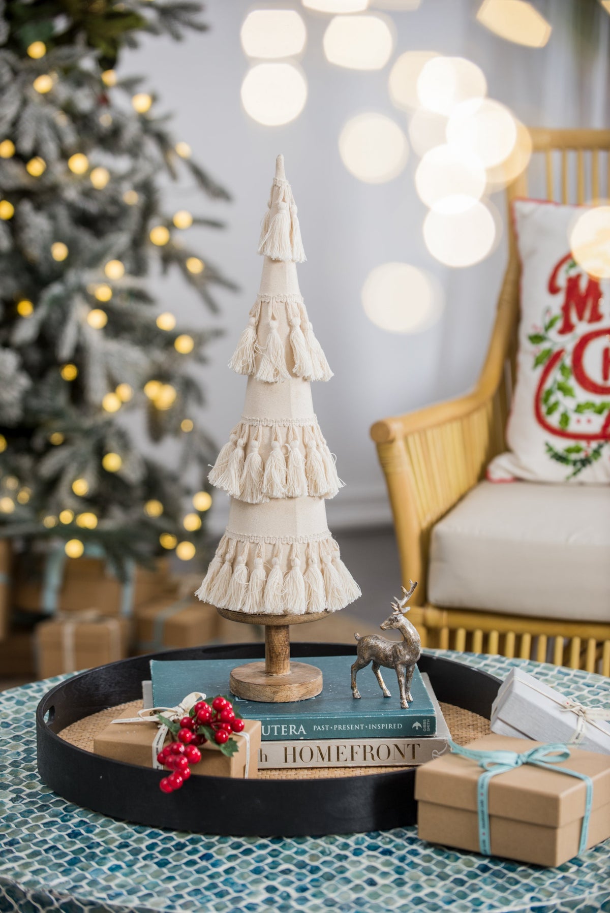 Cream Tassel Fringe Christmas Tree with Wood Base for Holiday Mantels