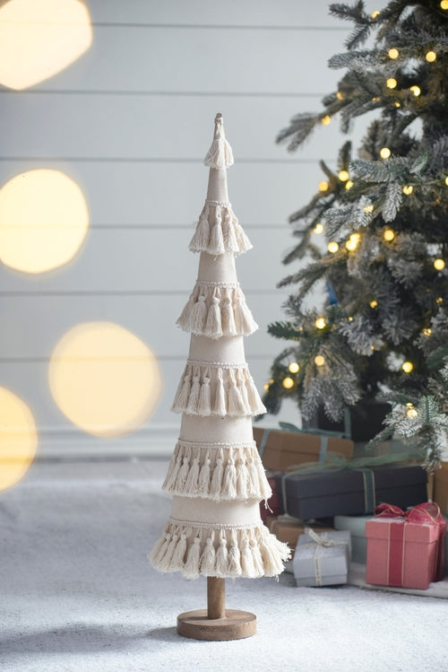 Cream Tassel Fringe Christmas Tree with Wood Base for Holiday Mantels
